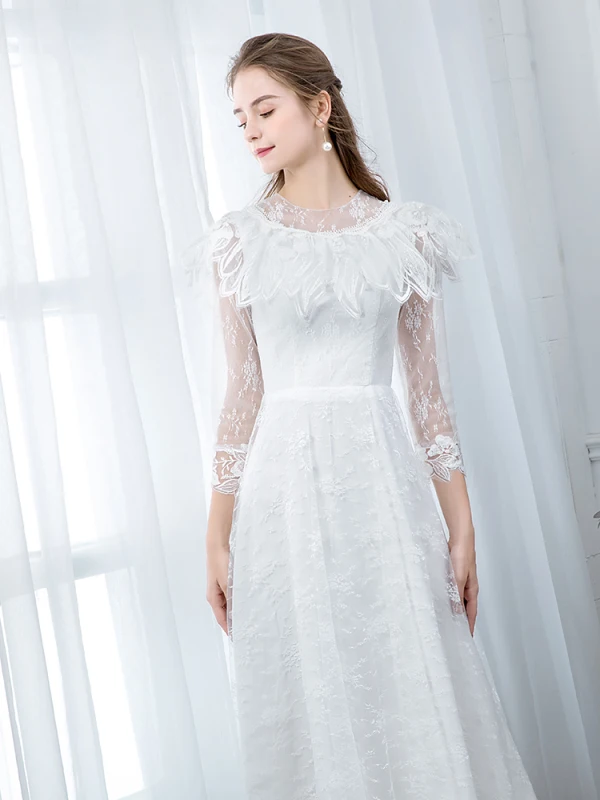 Chic / Belle Ivoire Plage Robe De Mariée 2020 Princesse Col Haut Transparentes 3/4 Manches Appliques En Dentelle Longue Volants