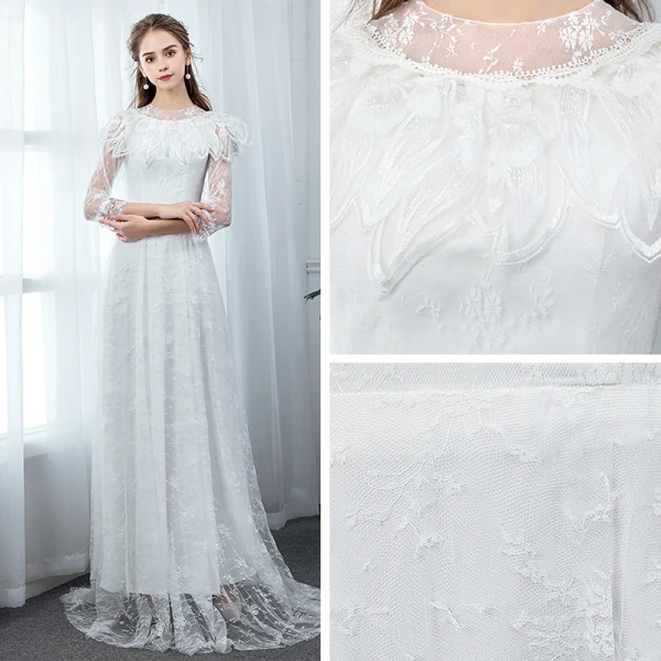 Chic / Belle Ivoire Plage Robe De Mariée 2020 Princesse Col Haut Transparentes 3/4 Manches Appliques En Dentelle Longue Volants