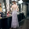 Sparkly Lavender Evening Dresses  2020 Trumpet / Mermaid Spaghetti Straps Deep V-Neck Sleeveless Sequins Floor-Length / Long Ruffle Backless Formal Dresses