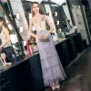 Sparkly Lavender Evening Dresses  2020 Trumpet / Mermaid Spaghetti Straps Deep V-Neck Sleeveless Sequins Floor-Length / Long Ruffle Backless Formal Dresses