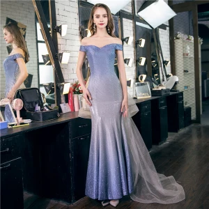 Chic Beautiful Sky Blue Gradient Color Evening Dresses 2020 Trumpet Mermaid Off The Shoulder Short Sleeve Glitter Polyester Sweep Train Backless Formal Dresses