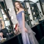 Chic / Belle Bleu Ciel Dégradé De Couleur Robe De Soirée 2020 Trompette / Sirène De l'épaule Manches Courtes Glitter Polyester Train De Balayage Dos Nu Robe De Ceremonie