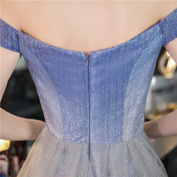 Chic / Belle Bleu Ciel Dégradé De Couleur Robe De Soirée 2020 Trompette / Sirène De l'épaule Manches Courtes Glitter Polyester Train De Balayage Dos Nu Robe De Ceremonie