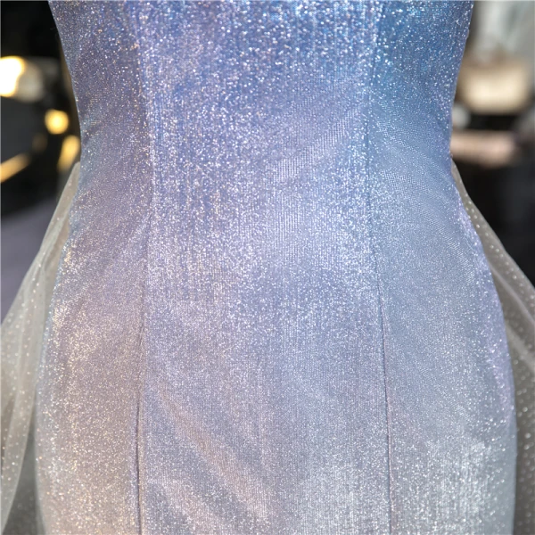 Chic / Belle Bleu Ciel Dégradé De Couleur Robe De Soirée 2020 Trompette / Sirène De l'épaule Manches Courtes Glitter Polyester Train De Balayage Dos Nu Robe De Ceremonie