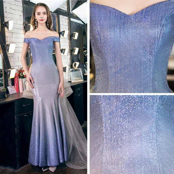 Chic / Belle Bleu Ciel Dégradé De Couleur Robe De Soirée 2020 Trompette / Sirène De l'épaule Manches Courtes Glitter Polyester Train De Balayage Dos Nu Robe De Ceremonie