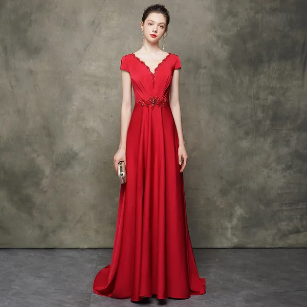 High-end Red Evening Dresses  2020 A-Line / Princess See-through Scoop Neck Short Sleeve Beading Sweep Train Ruffle Backless Formal Dresses