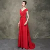 High-end Red Evening Dresses  2020 A-Line / Princess See-through Scoop Neck Short Sleeve Beading Sweep Train Ruffle Backless Formal Dresses