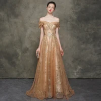 Elegantes Champán Oro Vestidos de noche 2020 A-Line / Princess Fuera Del Hombro Manga Corta Lentejuelas Glitter Tul Colas De Barrido Ruffle Sin Espalda Vestidos Formales
