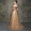 Elegant Champagne Gold Evening Dresses  2020 A-Line / Princess Off-The-Shoulder Short Sleeve Sequins Glitter Tulle Sweep Train Ruffle Backless Formal Dresses
