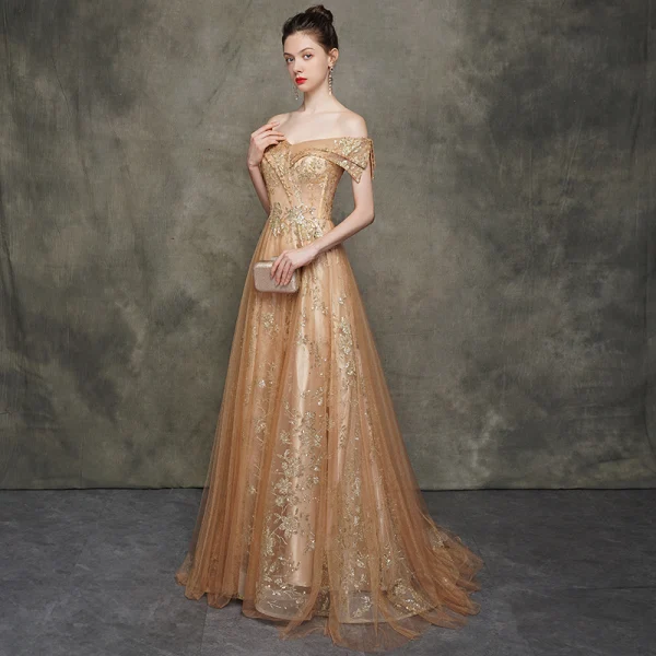 Elegant Champagne Gold Evening Dresses  2020 A-Line / Princess Off-The-Shoulder Short Sleeve Sequins Glitter Tulle Sweep Train Ruffle Backless Formal Dresses