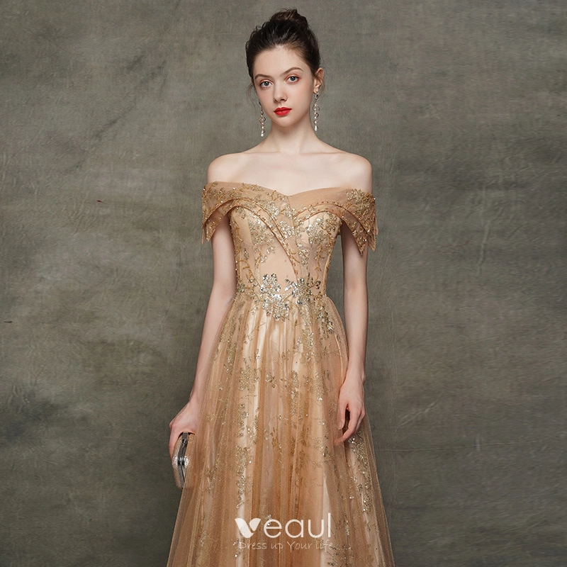 Sparkly Off Shoulder A-Line Rose Gold Sequin Long Prom Dress – Dreamdressy