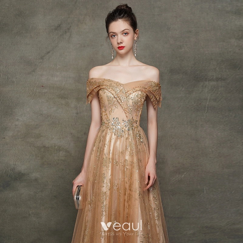 elegant champagne gold dress Champagne Crystal One-Shoulder Maxi Dress L