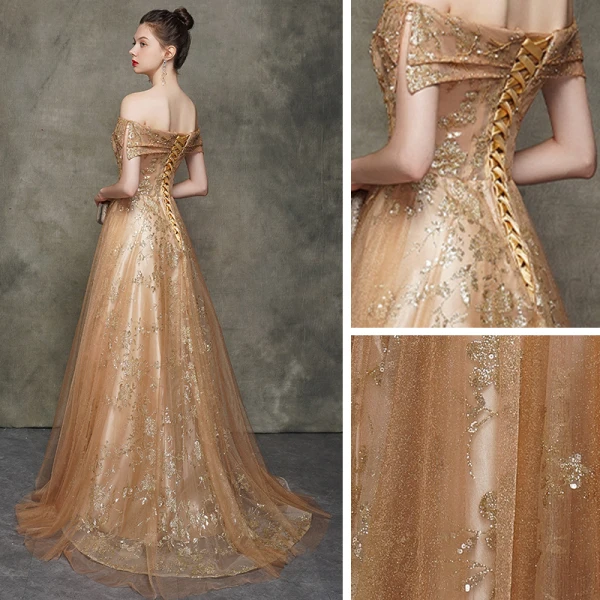 Elegant Champagne Gold Evening Dresses  2020 A-Line / Princess Off-The-Shoulder Short Sleeve Sequins Glitter Tulle Sweep Train Ruffle Backless Formal Dresses