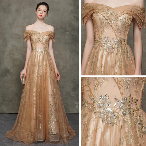Elegant Champagne Gold Evening Dresses  2020 A-Line / Princess Off-The-Shoulder Short Sleeve Sequins Glitter Tulle Sweep Train Ruffle Backless Formal Dresses