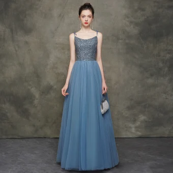 High End Ocean Blue Evening Dresses 2020 A Line Princess Spaghetti Straps Sleeveless Sequins Beading Floor Length Long Ruffle Backless Formal Dresses