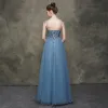 High-end Ocean Blue Evening Dresses  2020 A-Line / Princess Spaghetti Straps Sleeveless Sequins Beading Floor-Length / Long Ruffle Backless Formal Dresses