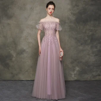 Haut De Gamme Rougissant Rose Robe De Soirée 2020 Princesse De L 039 Épaule Gonflée Manches Courtes Perlage Longue Volants Dos Nu Robe De Ceremonie Tulle