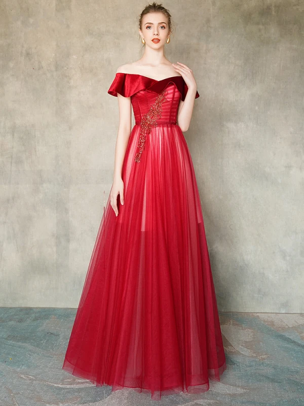 Chic / Beautiful Red See-through Evening Dresses  2020 A-Line / Princess Scoop Neck Short Sleeve Beading Floor-Length / Long Ruffle Backless Formal Dresses