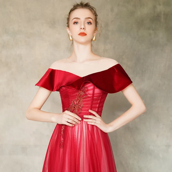 Chic / Beautiful Red See-through Evening Dresses  2020 A-Line / Princess Scoop Neck Short Sleeve Beading Floor-Length / Long Ruffle Backless Formal Dresses