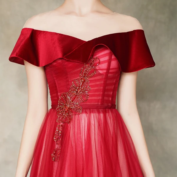 Chic / Beautiful Red See-through Evening Dresses  2020 A-Line / Princess Scoop Neck Short Sleeve Beading Floor-Length / Long Ruffle Backless Formal Dresses