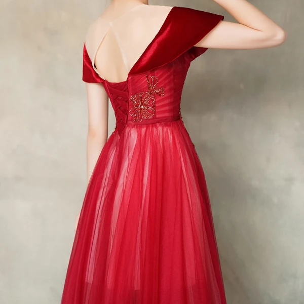 Chic / Beautiful Red See-through Evening Dresses  2020 A-Line / Princess Scoop Neck Short Sleeve Beading Floor-Length / Long Ruffle Backless Formal Dresses