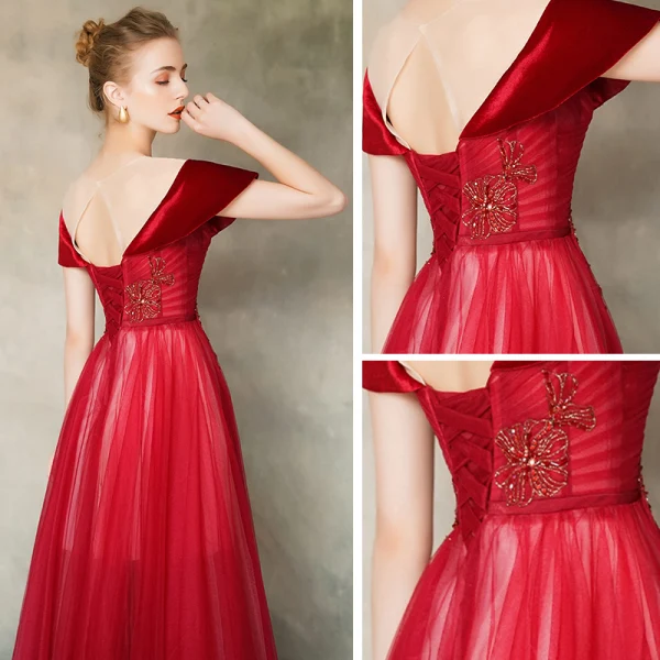 Chic / Beautiful Red See-through Evening Dresses  2020 A-Line / Princess Scoop Neck Short Sleeve Beading Floor-Length / Long Ruffle Backless Formal Dresses
