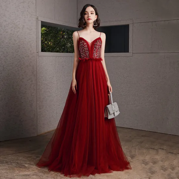 Sexy Burgundy Prom Dresses 2020 A-Line / Princess Spaghetti Straps Sleeveless Rhinestone Beading Floor-Length / Long Ruffle Backless Formal Dresses