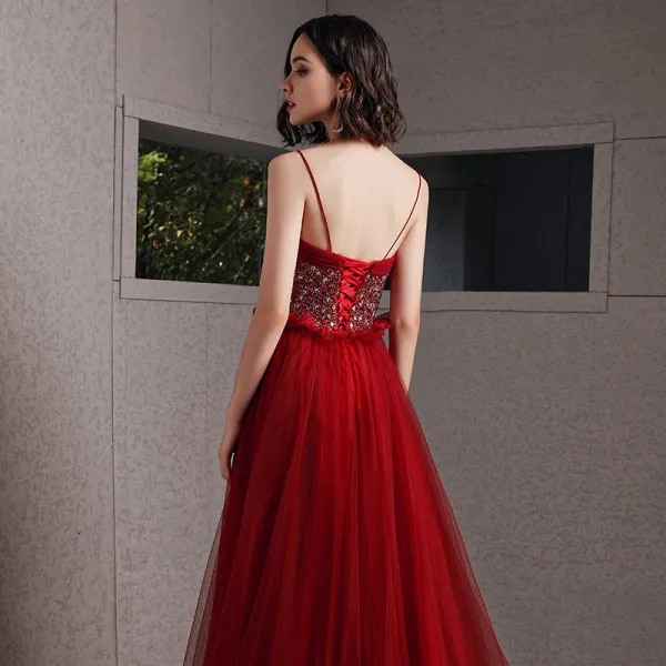 Sexy Burgundy Prom Dresses 2020 A-Line / Princess Spaghetti Straps Sleeveless Rhinestone Beading Floor-Length / Long Ruffle Backless Formal Dresses