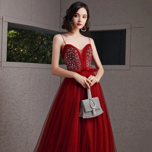 Sexy Burgundy Prom Dresses 2020 A-Line / Princess Spaghetti Straps Sleeveless Rhinestone Beading Floor-Length / Long Ruffle Backless Formal Dresses