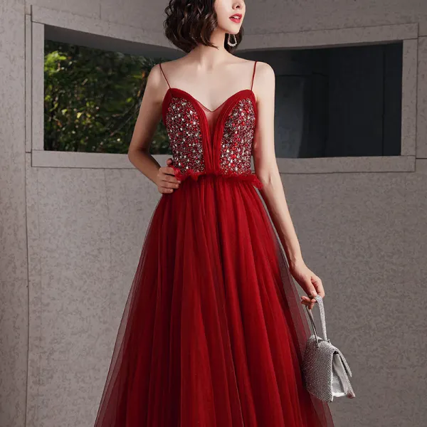 Sexy Burgundy Prom Dresses 2020 A-Line / Princess Spaghetti Straps Sleeveless Rhinestone Beading Floor-Length / Long Ruffle Backless Formal Dresses