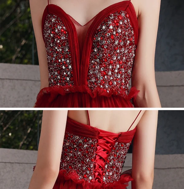 Sexy Burgundy Prom Dresses 2020 A-Line / Princess Spaghetti Straps Sleeveless Rhinestone Beading Floor-Length / Long Ruffle Backless Formal Dresses