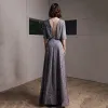 Fashion Grey Evening Dresses  2020 A-Line / Princess Scoop Neck 1/2 Sleeves Glitter Polyester Floor-Length / Long Backless Formal Dresses