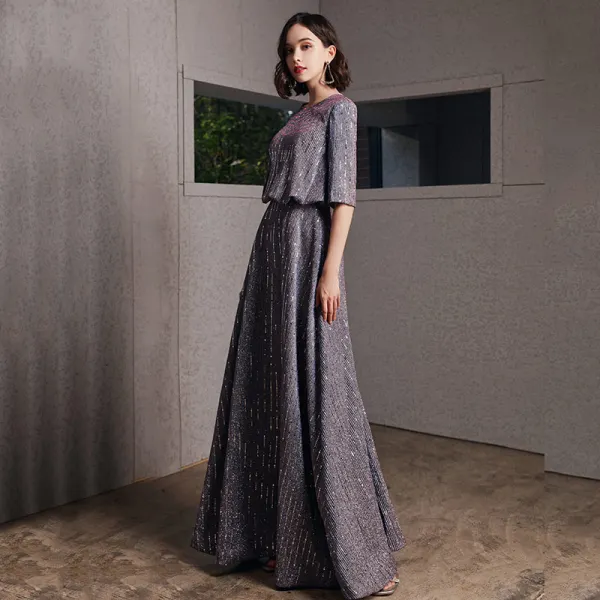 Fashion Grey Evening Dresses  2020 A-Line / Princess Scoop Neck 1/2 Sleeves Glitter Polyester Floor-Length / Long Backless Formal Dresses