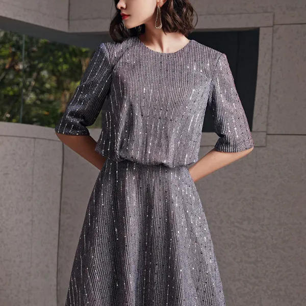 Fashion Grey Evening Dresses  2020 A-Line / Princess Scoop Neck 1/2 Sleeves Glitter Polyester Floor-Length / Long Backless Formal Dresses
