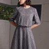 Fashion Grey Evening Dresses  2020 A-Line / Princess Scoop Neck 1/2 Sleeves Glitter Polyester Floor-Length / Long Backless Formal Dresses