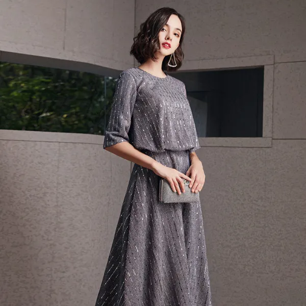 Fashion Grey Evening Dresses  2020 A-Line / Princess Scoop Neck 1/2 Sleeves Glitter Polyester Floor-Length / Long Backless Formal Dresses