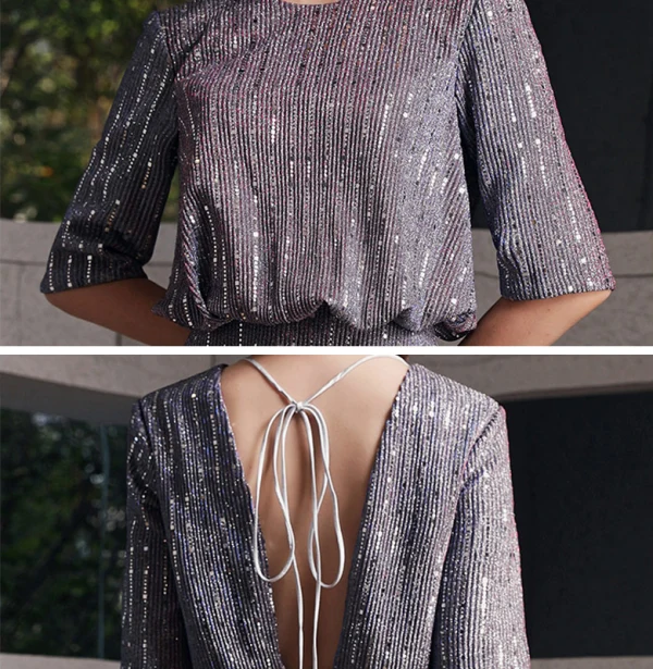 Fashion Grey Evening Dresses  2020 A-Line / Princess Scoop Neck 1/2 Sleeves Glitter Polyester Floor-Length / Long Backless Formal Dresses