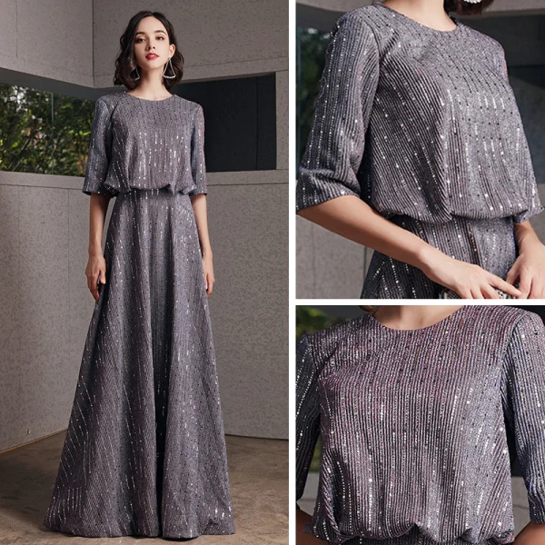 Fashion Grey Evening Dresses  2020 A-Line / Princess Scoop Neck 1/2 Sleeves Glitter Polyester Floor-Length / Long Backless Formal Dresses