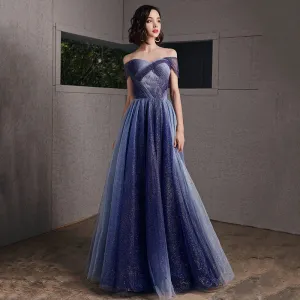 Ciel Étoilé Bleu Roi Robe De Soirée 2020 Princesse De L 039 Épaule Manches Courtes Glitter Tulle Longue Volants Dos Nu Robe De Ceremonie