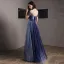 Starry Sky Royal Blue Evening Dresses  2020 A-Line / Princess Off-The-Shoulder Short Sleeve Glitter Tulle Floor-Length / Long Ruffle Backless Formal Dresses