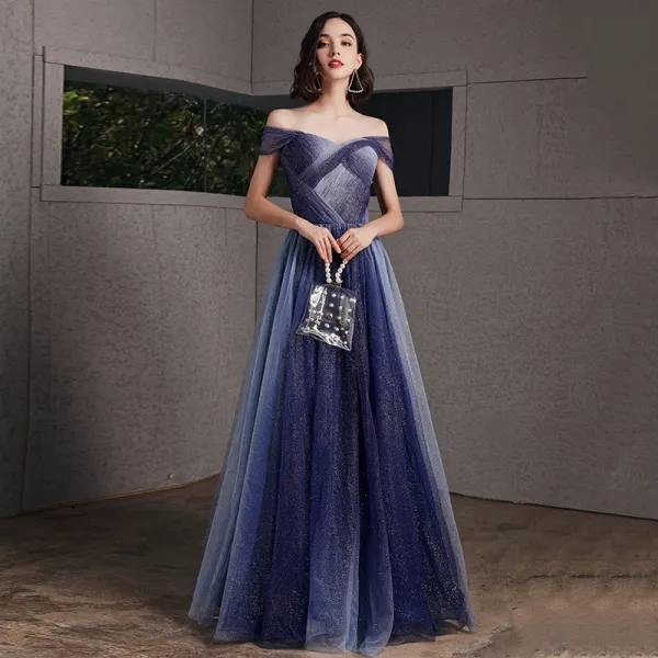 Starry Sky Royal Blue Evening Dresses 2020 A-Line / Princess Off-The-Shoulder Short Sleeve Glitter Tulle Floor-Length / Long Ruffle Backless Formal Dresses