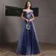 Starry Sky Royal Blue Evening Dresses  2020 A-Line / Princess Off-The-Shoulder Short Sleeve Glitter Tulle Floor-Length / Long Ruffle Backless Formal Dresses