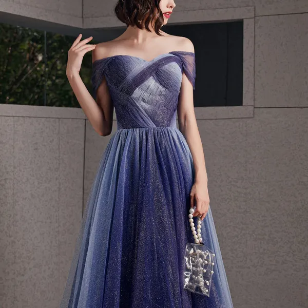 Starry Sky Royal Blue Evening Dresses 2020 A-Line / Princess Off-The-Shoulder Short Sleeve Glitter Tulle Floor-Length / Long Ruffle Backless Formal Dresses