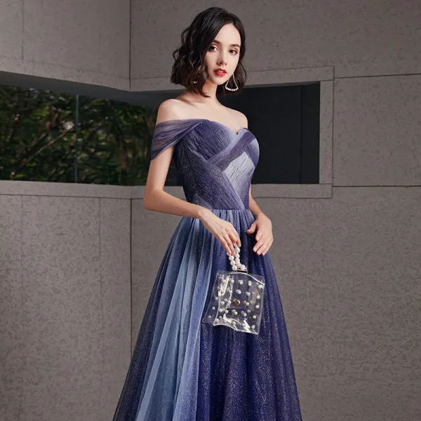 Starry Sky Royal Blue Evening Dresses 2020 A-Line / Princess Off-The-Shoulder Short Sleeve Glitter Tulle Floor-Length / Long Ruffle Backless Formal Dresses