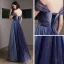 Starry Sky Royal Blue Evening Dresses  2020 A-Line / Princess Off-The-Shoulder Short Sleeve Glitter Tulle Floor-Length / Long Ruffle Backless Formal Dresses