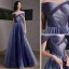 Starry Sky Royal Blue Evening Dresses  2020 A-Line / Princess Off-The-Shoulder Short Sleeve Glitter Tulle Floor-Length / Long Ruffle Backless Formal Dresses