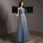 Chic / Belle Océan Bleu Transparentes Robe De Soirée 2020 Princesse Encolure Dégagée Sans Manches Perlage Glitter Tulle Longue Volants Dos Nu Robe De Ceremonie