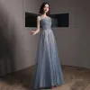 Chic / Beautiful Ocean Blue See-through Evening Dresses  2020 A-Line / Princess Scoop Neck Sleeveless Beading Glitter Tulle Floor-Length / Long Ruffle Backless Formal Dresses