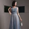 Chic / Beautiful Ocean Blue See-through Evening Dresses  2020 A-Line / Princess Scoop Neck Sleeveless Beading Glitter Tulle Floor-Length / Long Ruffle Backless Formal Dresses