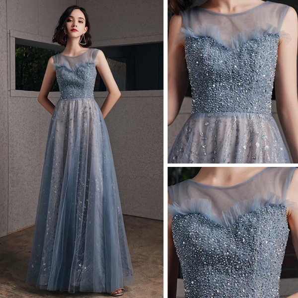 Chic / Belle Océan Bleu Transparentes Robe De Soirée 2020 Princesse Encolure Dégagée Sans Manches Perlage Glitter Tulle Longue Volants Dos Nu Robe De Ceremonie